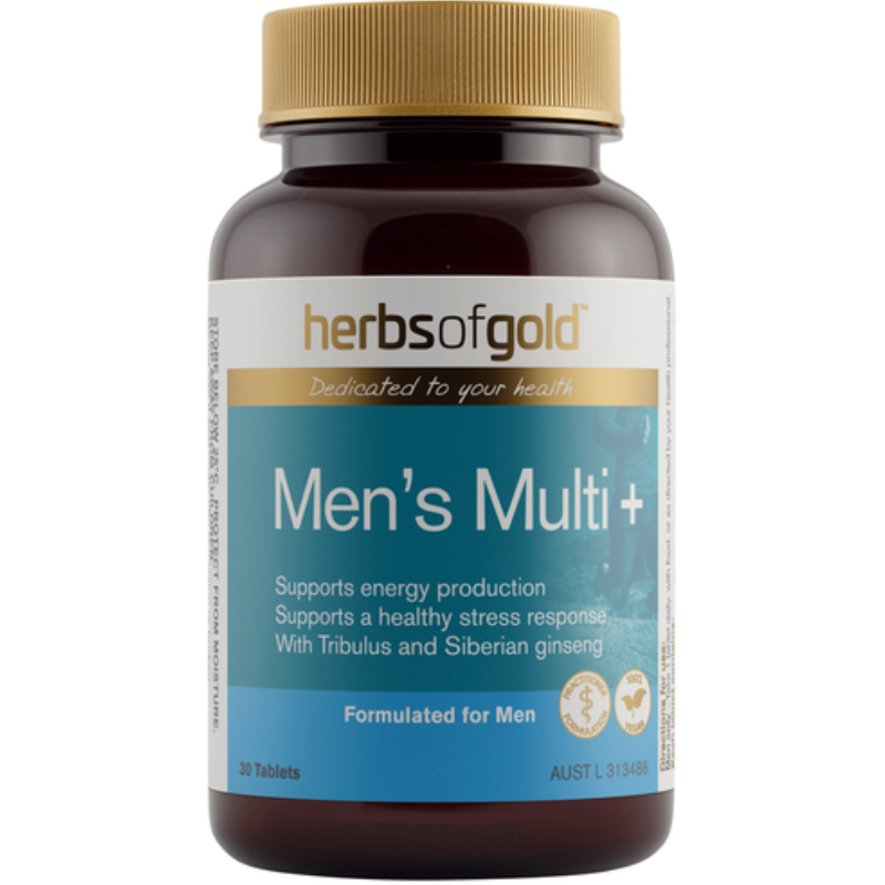 Herbs of Gold Men's Multi+ 30 Tablets with vitamins, minerals and herbal extracts to support men's health, energy and vitality.