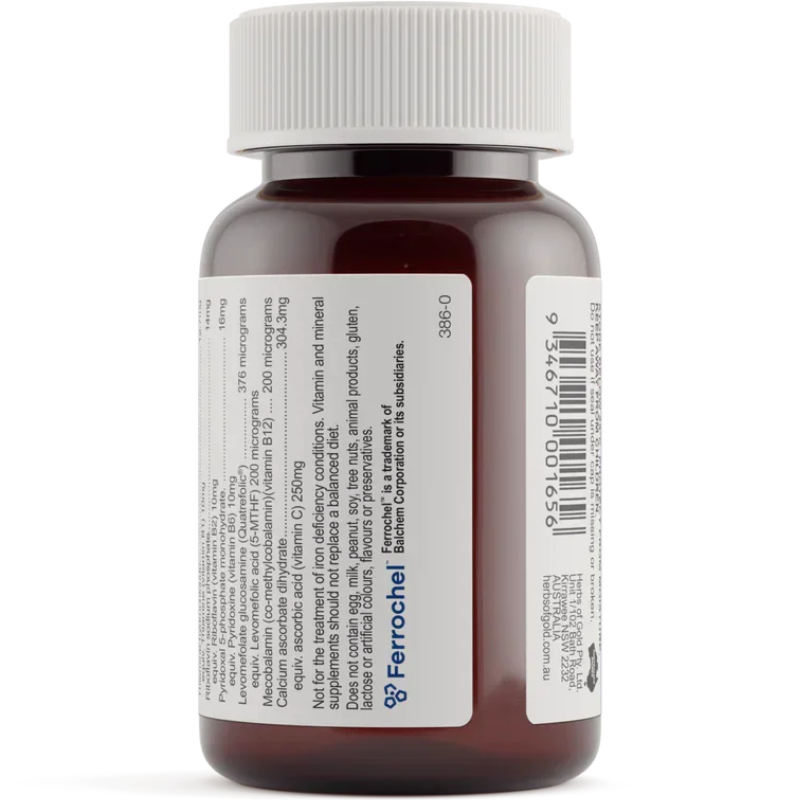 Herbs of Gold Organic Iron MAX 30 Vegetarian Capsules with Ferrochel® iron, activated folate and vitamin B12 for healthy iron levels.