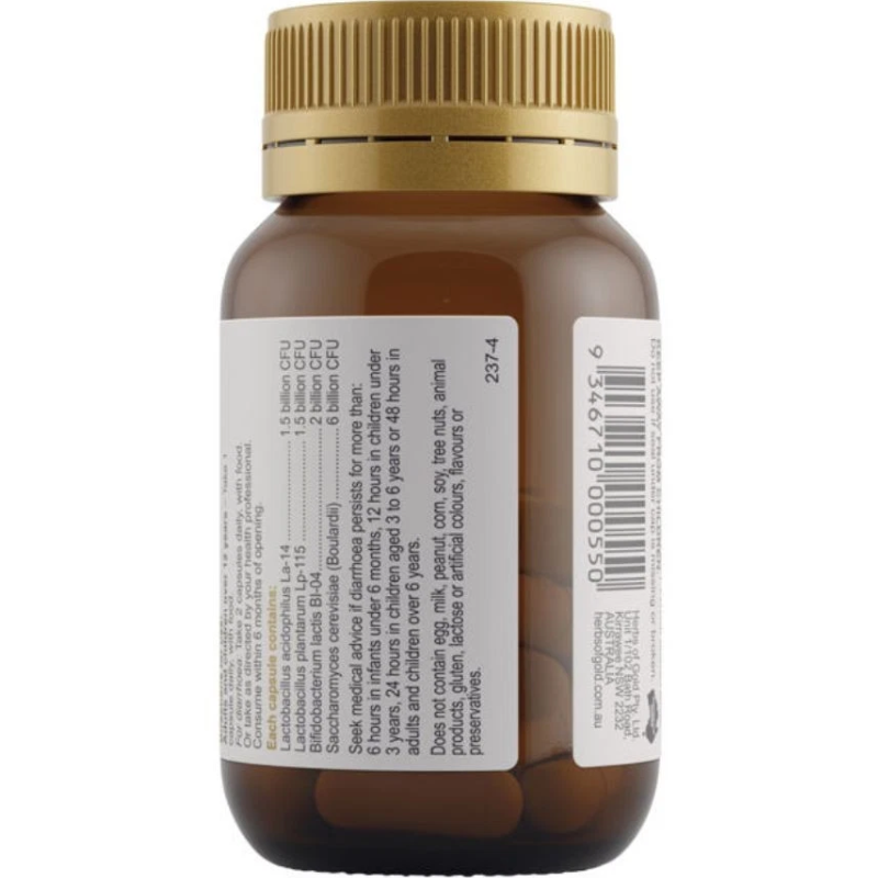Herbs of Gold Probiotic + SB 30 Vegetarian Capsules with Saccharomyces boulardii and probiotics for digestive and immune health.