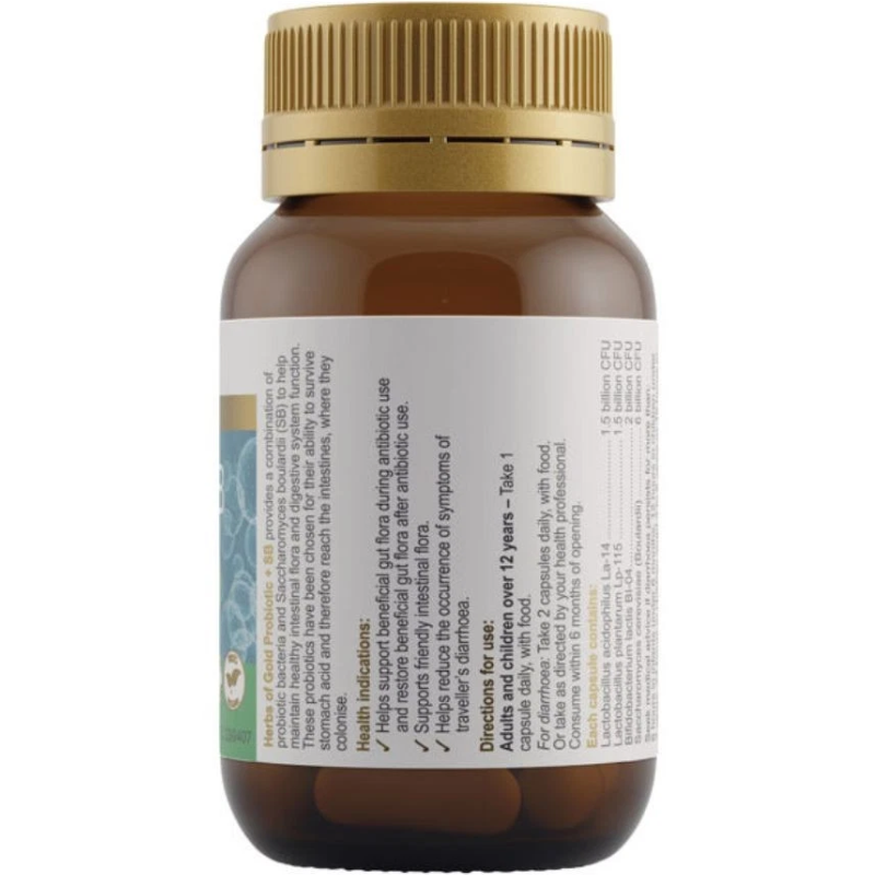 Herbs of Gold Probiotic + SB 30 Vegetarian Capsules with Saccharomyces boulardii and probiotics for digestive and immune health.