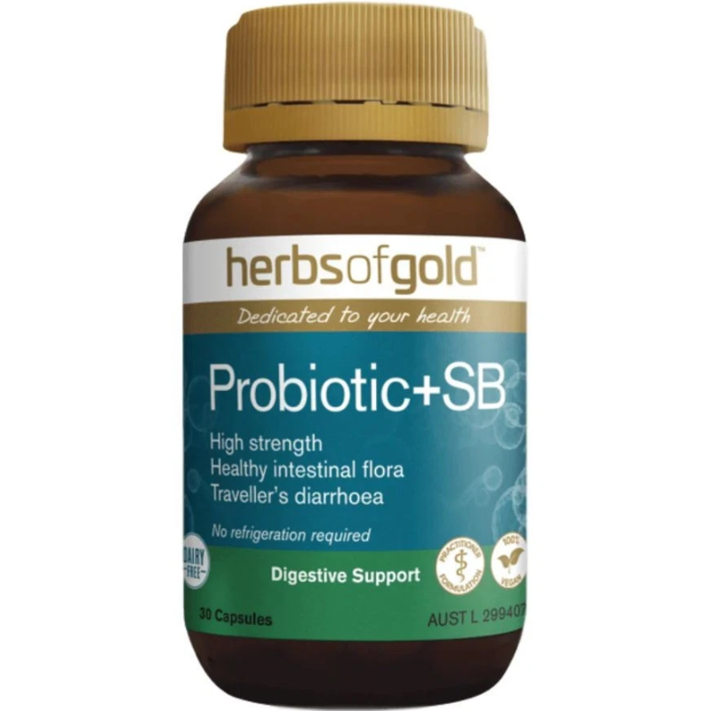 Herbs of Gold Probiotic + SB 30 Vegetarian Capsules with Saccharomyces boulardii and probiotics for digestive and immune health.