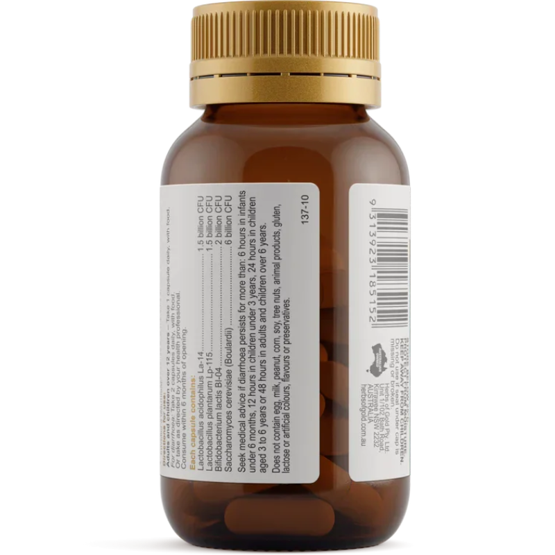 Herbs of Gold Probiotic + SB 60 Vegetarian Capsules with Saccharomyces boulardii and probiotics for digestive and immune health.