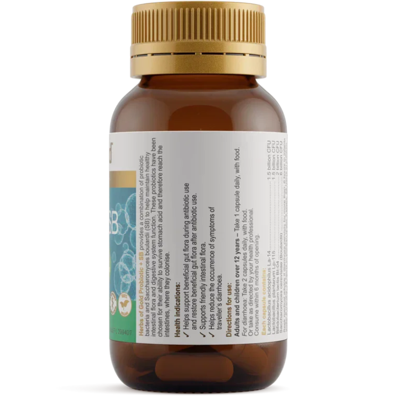 Herbs of Gold Probiotic + SB 60 Vegetarian Capsules with Saccharomyces boulardii and probiotics for digestive and immune health.