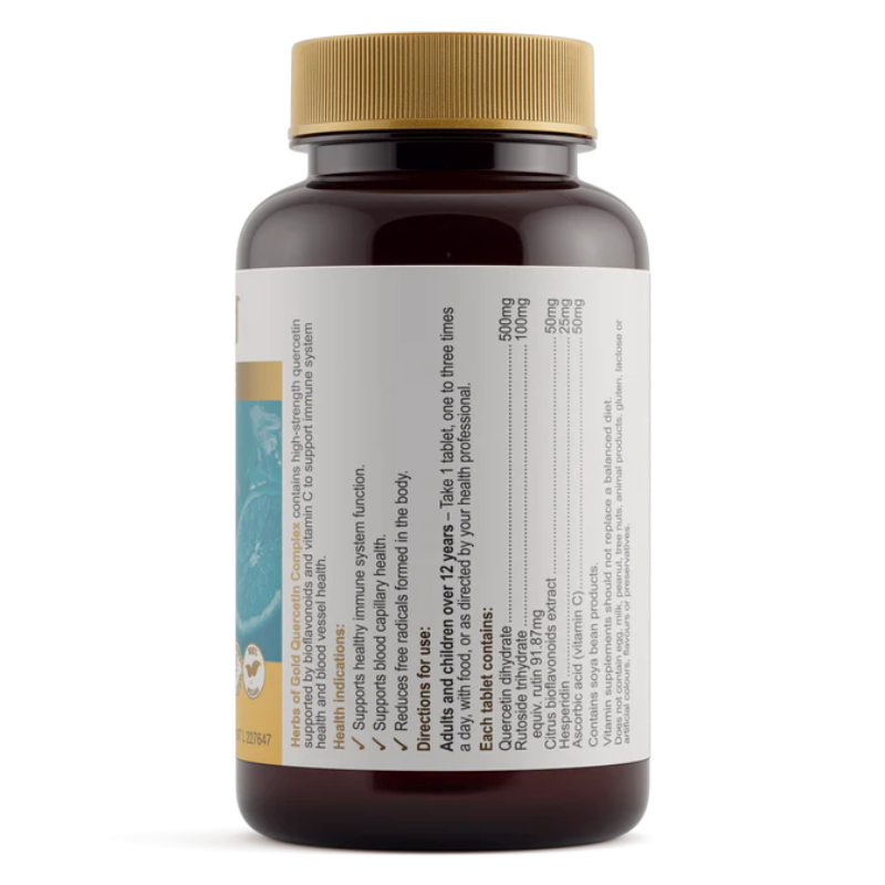Herbs of Gold Quercetin Complex 60 Tablets with quercetin, bioflavonoids and vitamin C for immune and antioxidant support.