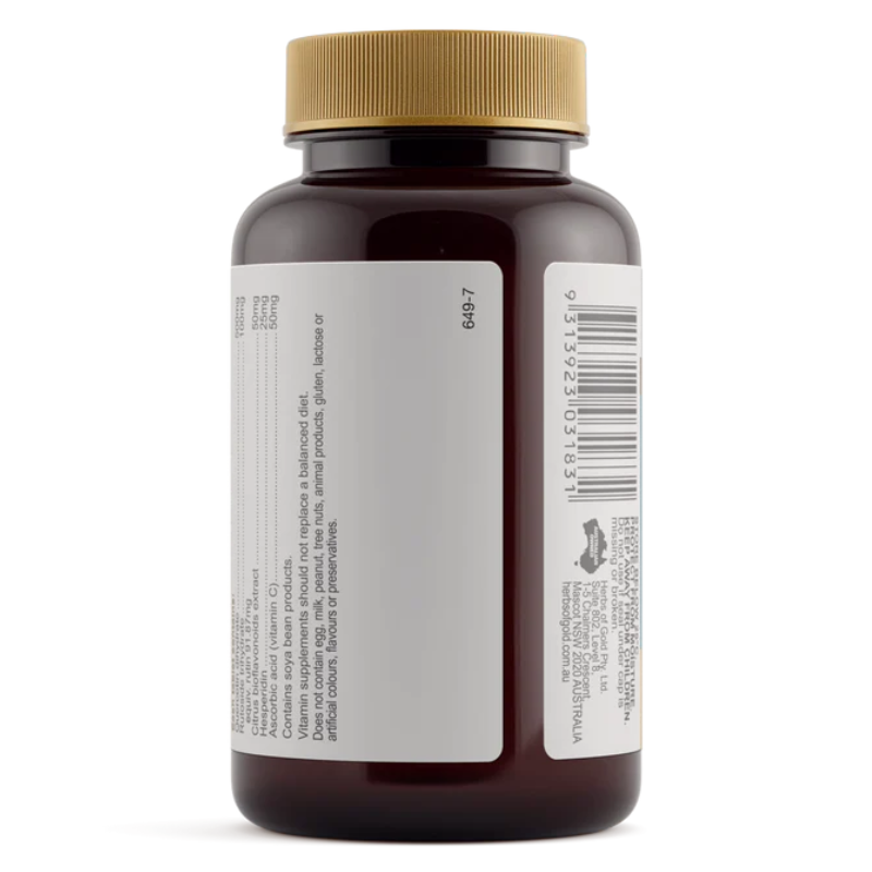 Herbs of Gold Quercetin Complex 60 Tablets with quercetin, bioflavonoids and vitamin C for immune and antioxidant support.