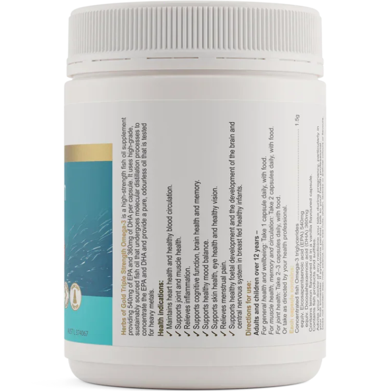 Herbs of Gold Triple Strength Omega 3 150 Capsules high strength fish oil with EPA and DHA for heart, brain and joint health.