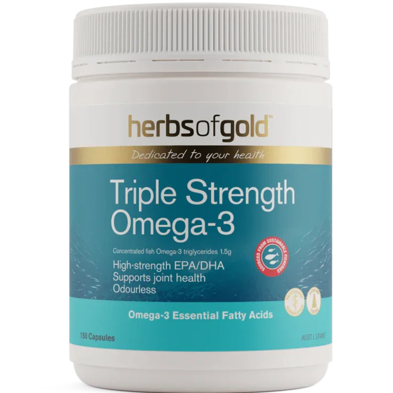 Herbs of Gold Triple Strength Omega 3 150 Capsules high strength fish oil with EPA and DHA for heart, brain and joint health.