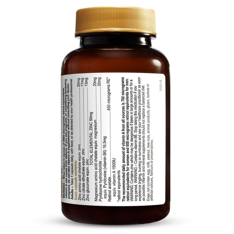 Herbs of Gold Ultra Zinc+ 60 Capsules high strength zinc supplement with vitamin A, B6 and magnesium for immune and skin health.