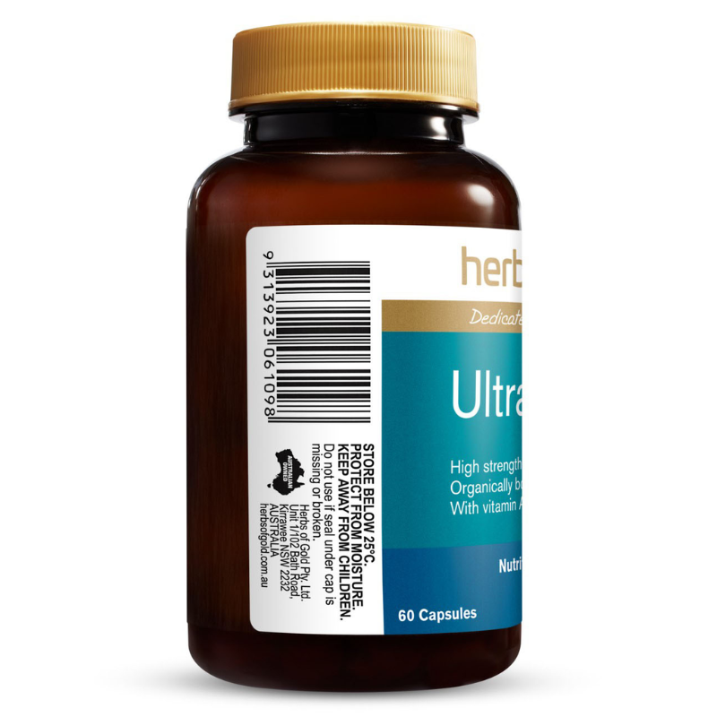 Herbs of Gold Ultra Zinc+ 60 Capsules high strength zinc supplement with vitamin A, B6 and magnesium for immune and skin health.