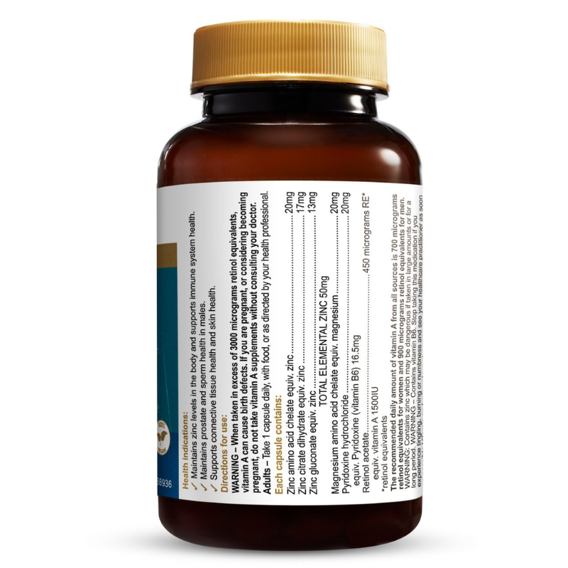 Herbs of Gold Ultra Zinc+ 60 Capsules high strength zinc supplement with vitamin A, B6 and magnesium for immune and skin health.