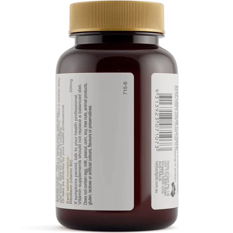 Herbs of Gold Vitamin B2 200mg 60 Tablets with high-strength riboflavin to support energy production, eye health and mild migraine relief.