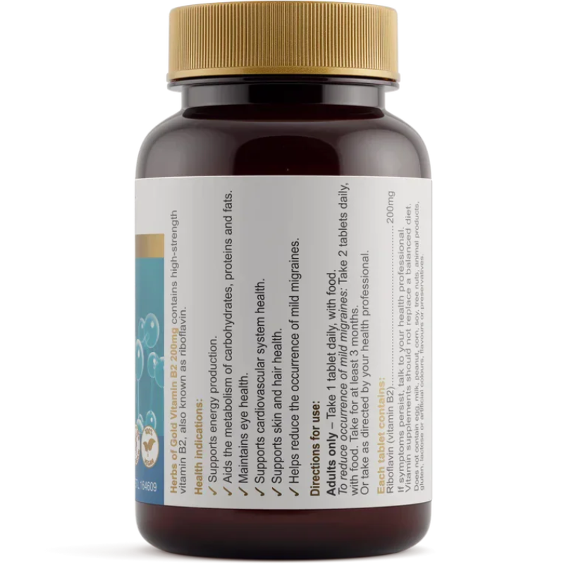 Herbs of Gold Vitamin B2 200mg 60 Tablets with high-strength riboflavin to support energy production, eye health and mild migraine relief.