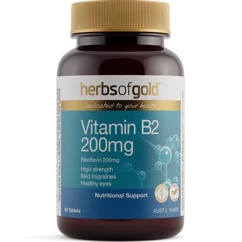 Herbs of Gold Vitamin B2 200mg 60 Tablets with high-strength riboflavin to support energy production, eye health and mild migraine relief.