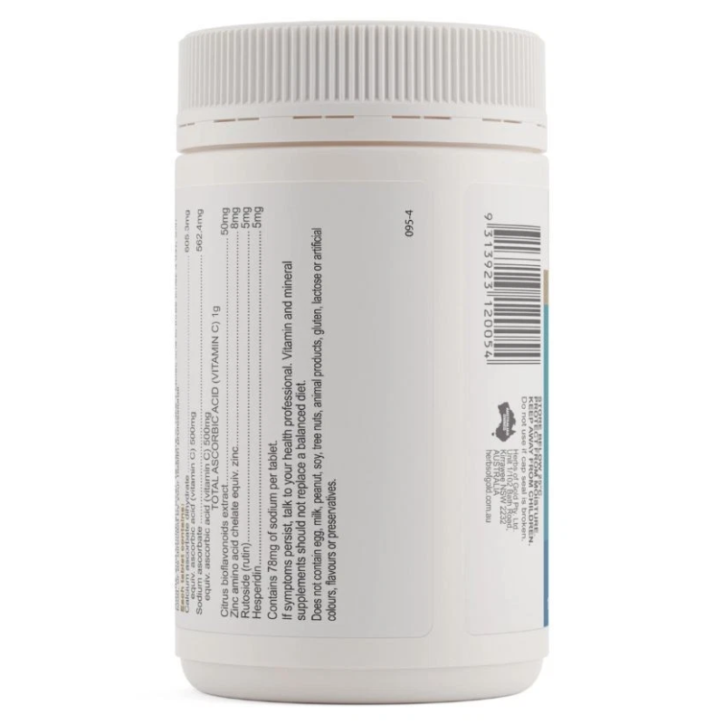 Herbs of Gold Vitamin C 1000 Plus 120 Tablets high strength vitamin C with zinc and citrus bioflavonoids for immune support.