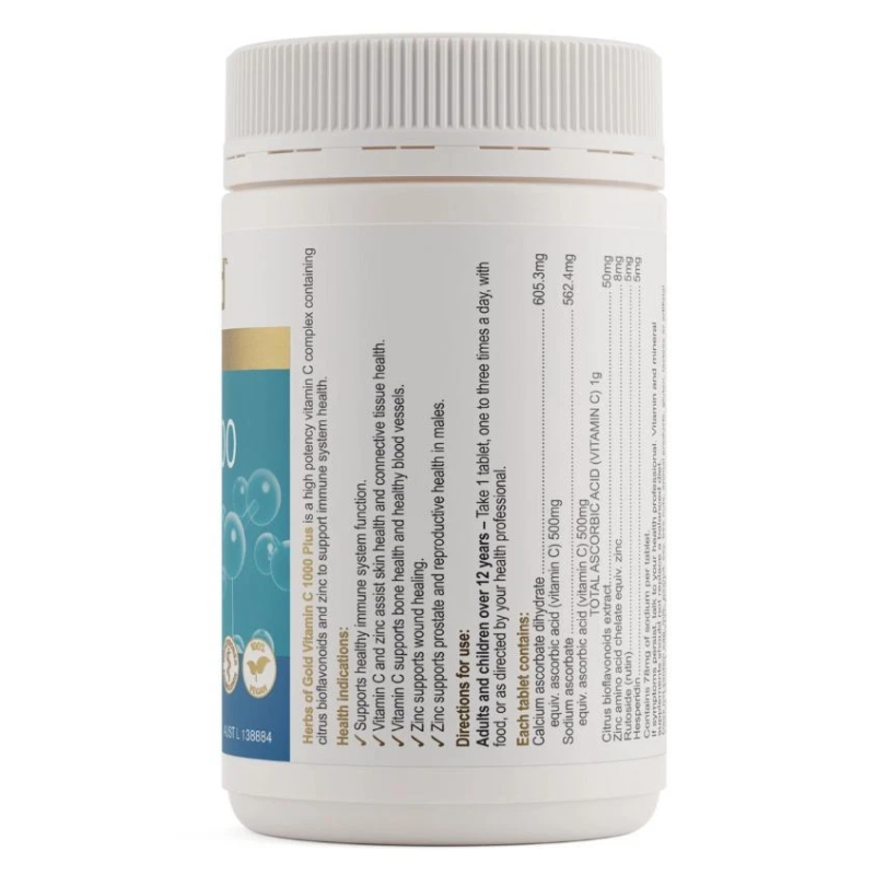 Herbs of Gold Vitamin C 1000 Plus 120 Tablets high strength vitamin C with zinc and citrus bioflavonoids for immune support.
