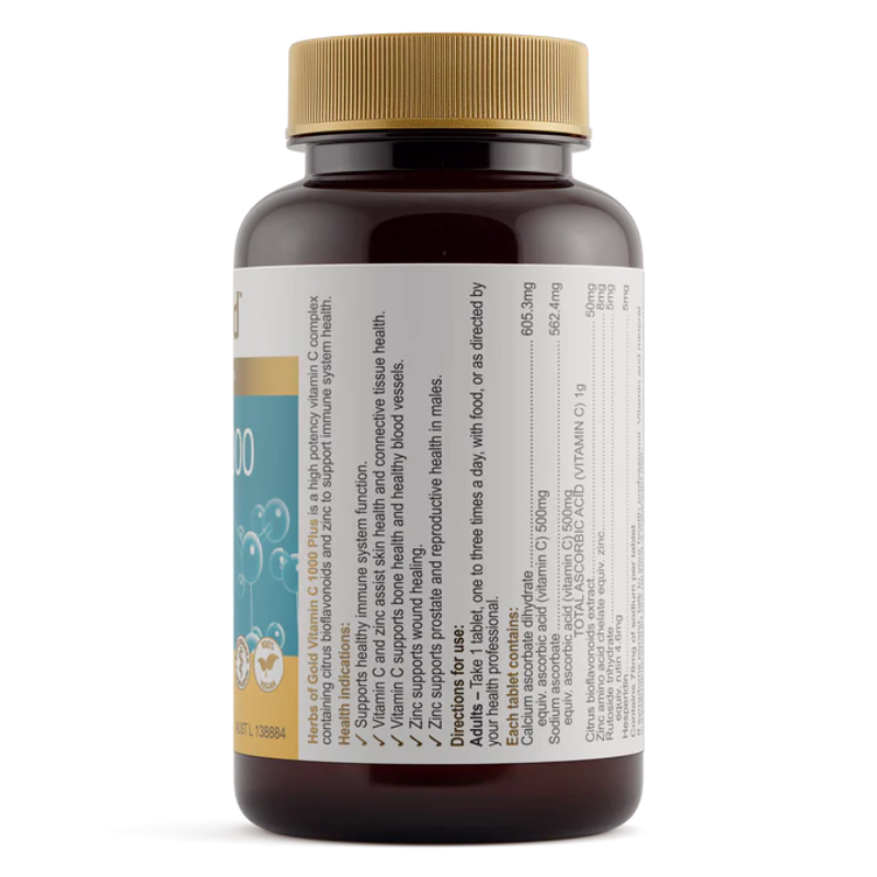 Herbs of Gold Vitamin C 1000 Plus 60 Tablets high strength vitamin C with zinc and citrus bioflavonoids for immune support.