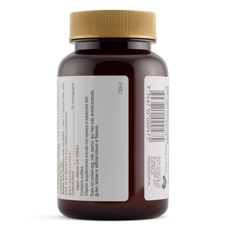 Herbs of Gold Vitamin D3 1000 120 Capsules vegan vitamin D3 supplement for bone and immune health.