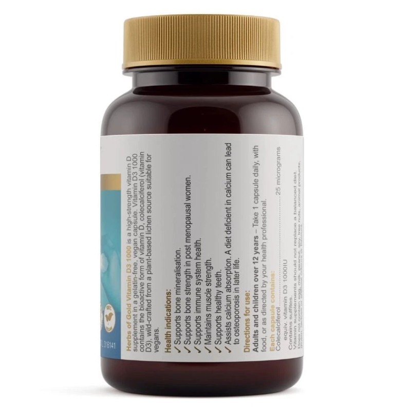 Herbs of Gold Vitamin D3 1000 120 Capsules vegan vitamin D3 supplement for bone and immune health.