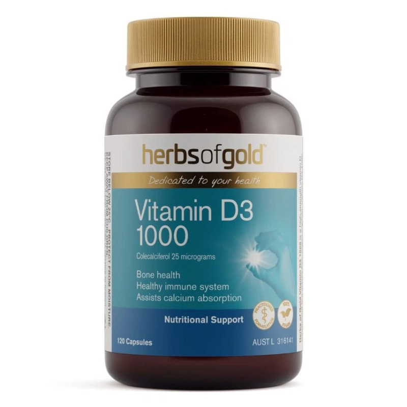 Herbs of Gold Vitamin D3 1000 120 Capsules vegan vitamin D3 supplement for bone and immune health.