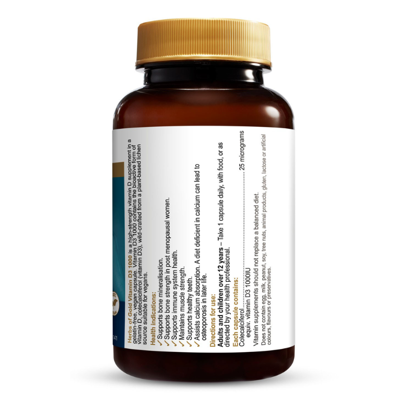 Herbs of Gold Vitamin D3 1000 240 Capsules vegan vitamin D3 supplement for bone and immune health.