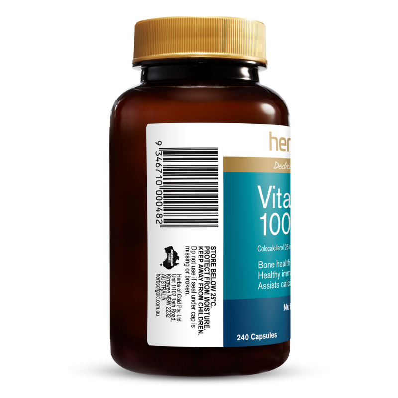 Herbs of Gold Vitamin D3 1000 240 Capsules vegan vitamin D3 supplement for bone and immune health.