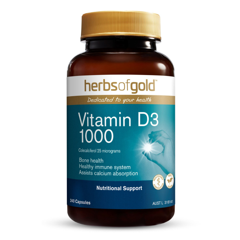 Herbs of Gold Vitamin D3 1000 240 Capsules vegan vitamin D3 supplement for bone and immune health.