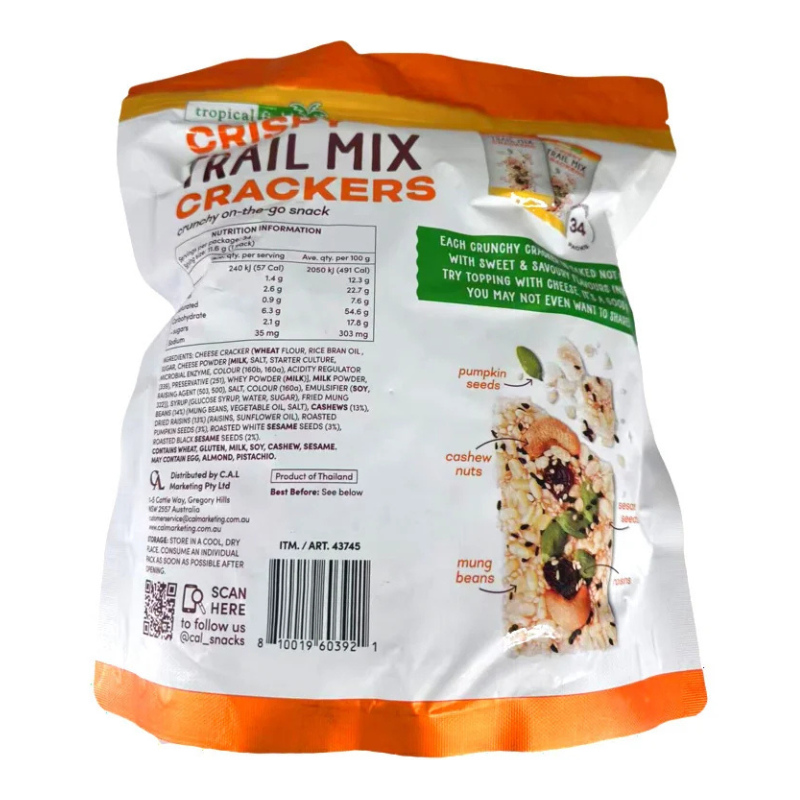 A bag of Tropical Flavors Crisp Trail Mix Crackers, showing the back of the packaging with ingredients, nutritional information, and a small product photo of the crackers.