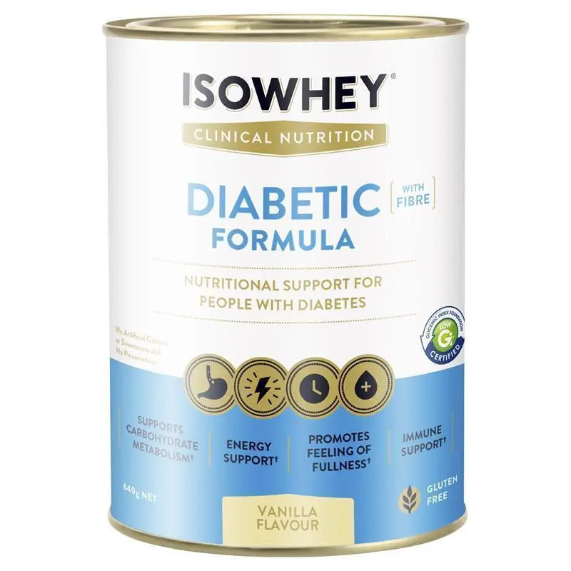 Isowhey Diabetic Vanilla 640g, low GI protein meal replacement shake formulated for blood sugar management, weight control and balanced nutrition.