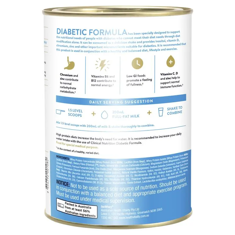Isowhey Diabetic Vanilla 640g, low GI protein meal replacement shake formulated for blood sugar management, weight control and balanced nutrition.