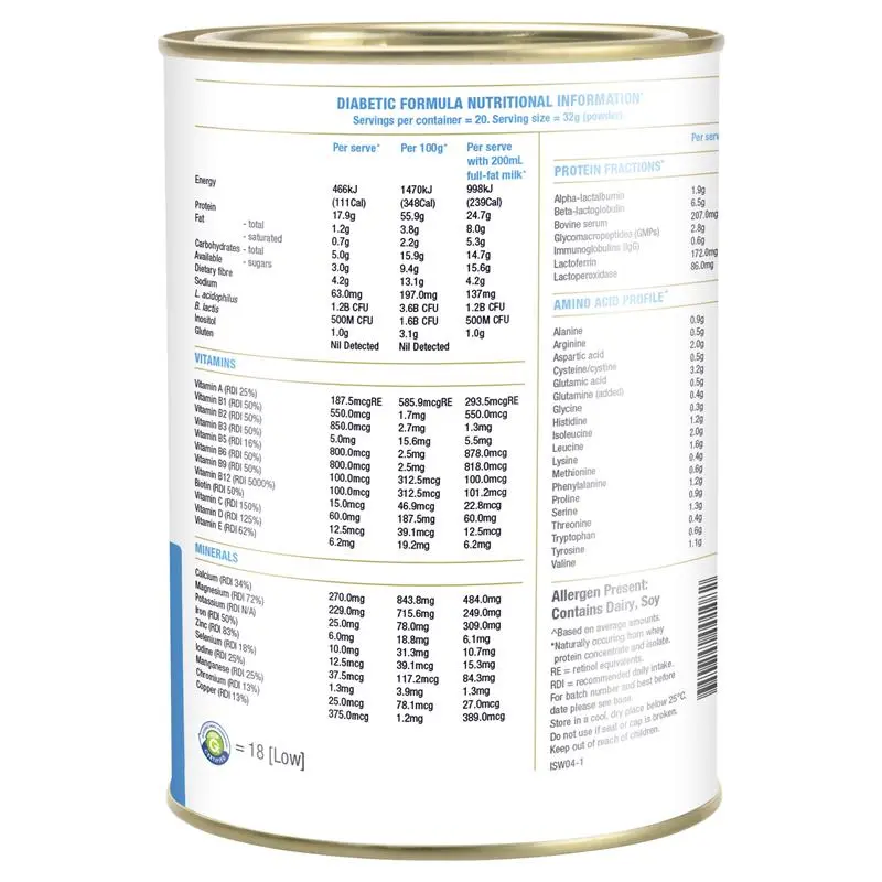 Isowhey Diabetic Vanilla 640g, low GI protein meal replacement shake formulated for blood sugar management, weight control and balanced nutrition.