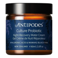 A jar of AntiPodes Culture Probiotic Night-Recovery Water Cream, featuring an amber glass jar, a black lid, and a dark blue label with white text.