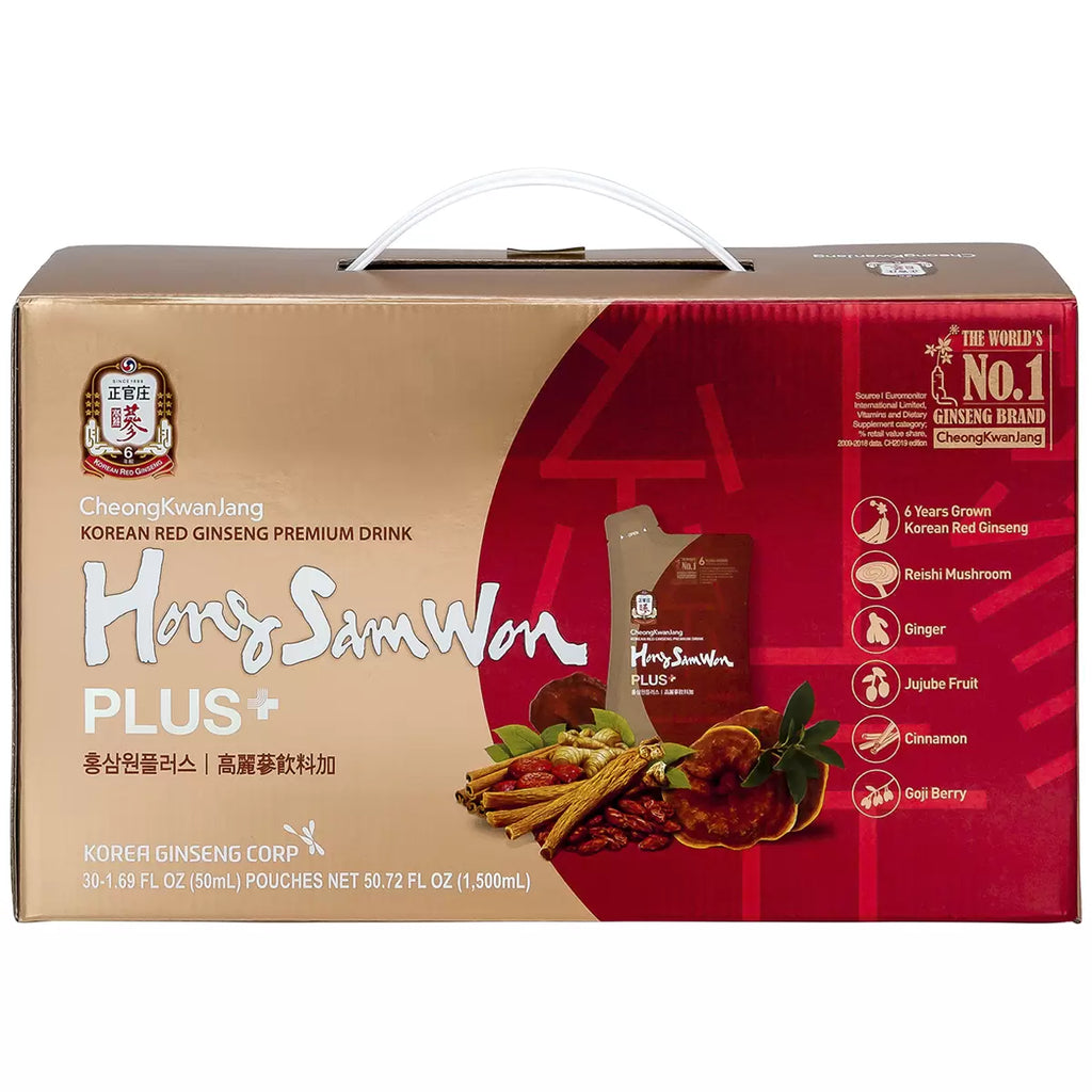 Hong Sam Won Plus Korean Red Ginseng Drink 50ml x 30 pouches with Korean red ginseng extract and traditional herbal ingredients for daily wellness support.