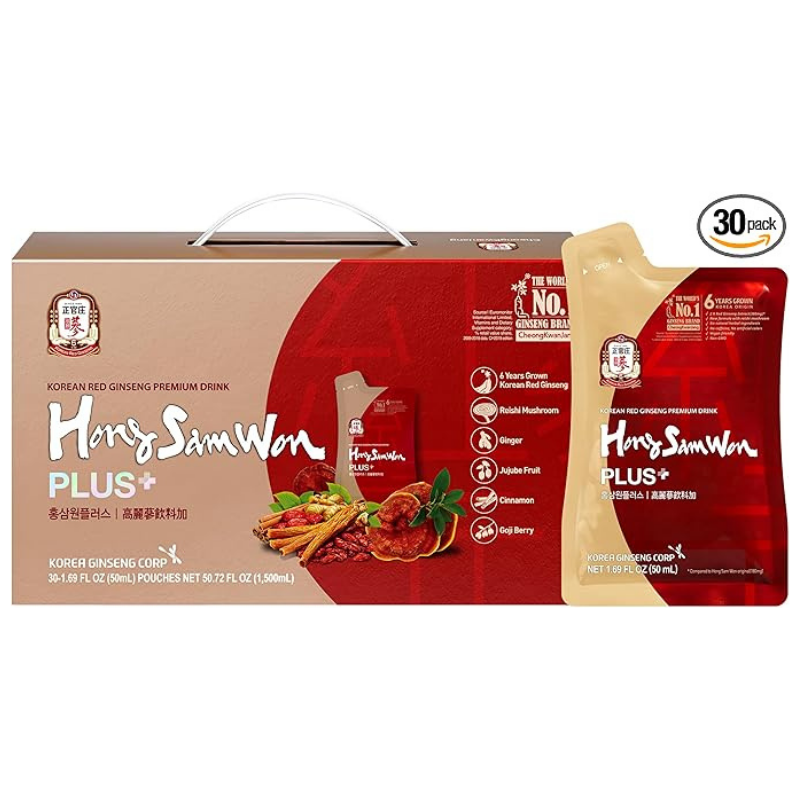Hong Sam Won Plus Korean Red Ginseng Drink 50ml x 30 pouches with Korean red ginseng extract and traditional herbal ingredients for daily wellness support.