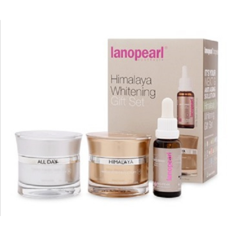 Lanopearl Himalaya Whitening gift set with cream jars, serum, and packaging on a white background