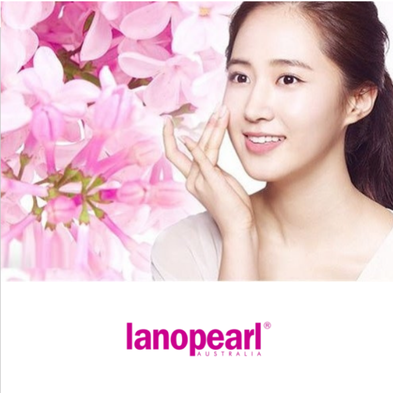 Woman with pink flowers and Lanopearl logo
