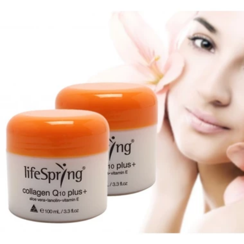 Two jars of lifeSpring collagen Q10 plus+ cream with a woman's face in the background.