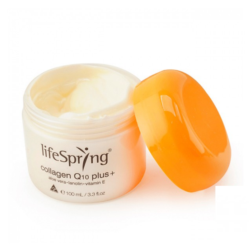 LifeSpring collagen Q10 plus cream jar with orange lid on a white background