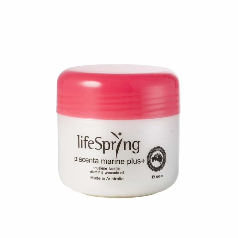 LifeSpring placenta marine plus+ jar with pink lid on a white background
