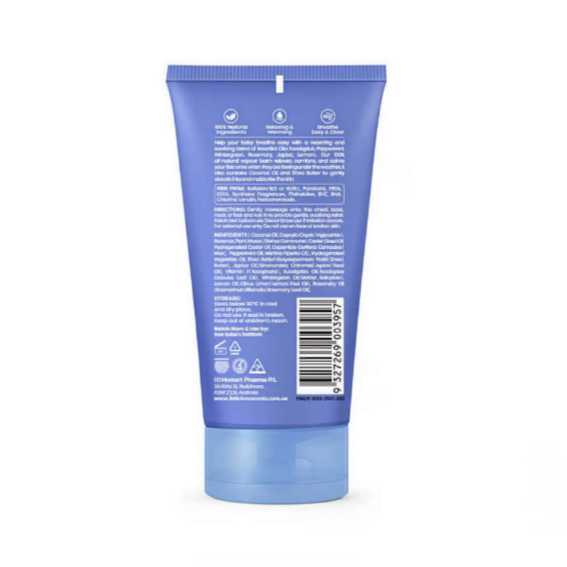 Little Innoscents Baby Vapour Balm 75ml organic baby chest rub with eucalyptus, peppermint and wintergreen oils to help soothe, comfort and support easier breathing for babies and children.