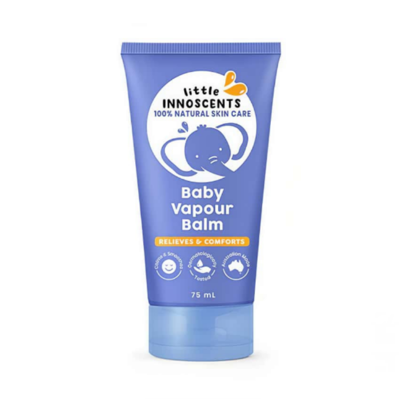 Little Innoscents Baby Vapour Balm 75ml organic baby chest rub with eucalyptus, peppermint and wintergreen oils to help soothe, comfort and support easier breathing for babies and children.