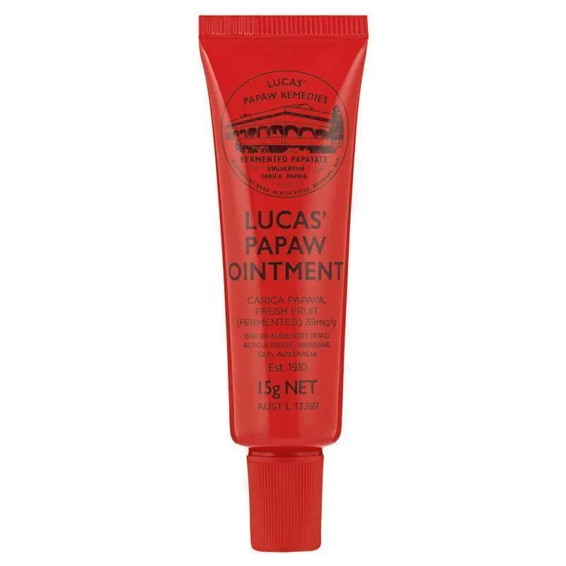 Red tube of Lucas' Papaw Ointment on a white background