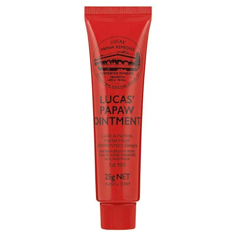 Lucas Papaw Ointment 25g multi-purpose skin ointment made with fermented papaya to help soothe dry skin, cracked lips, minor cuts, abrasions and skin irritation.