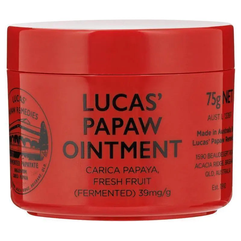 Lucas Papaw Ointment 75g multi-purpose skin ointment made with fermented papaya to help soothe dry skin, cracked lips, minor cuts, abrasions and skin irritation.