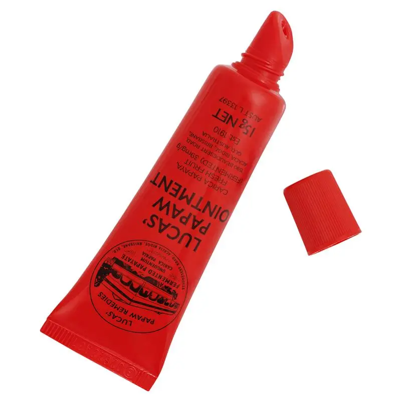 Red tube of Lucas Papaw Ointment with a matching red cap on a white background