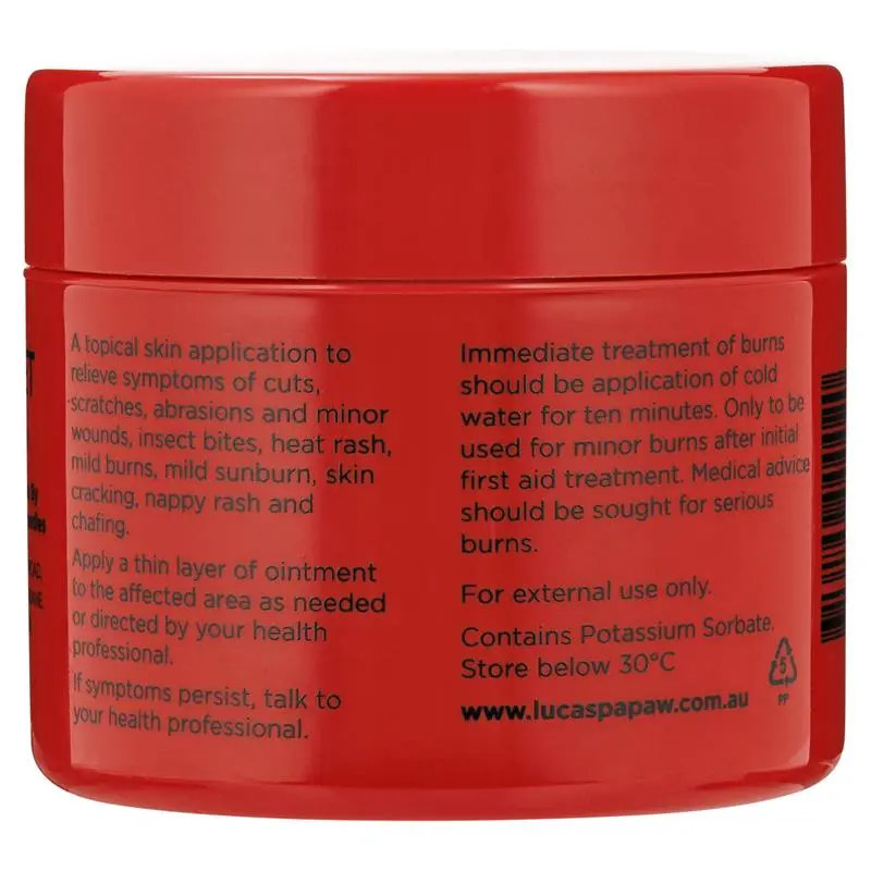 Red jar with black text on a white background