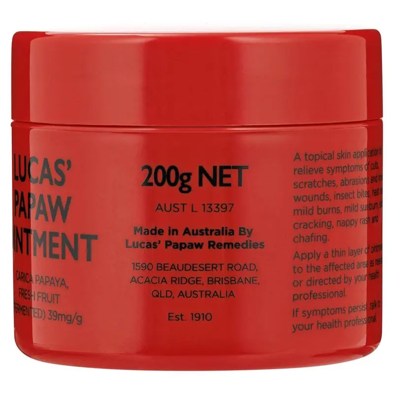 Red jar of Lucas' Papaw Ointment with black text on a white background