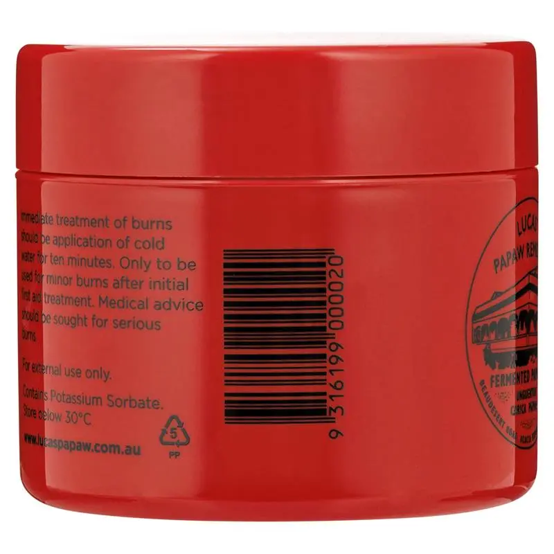 Red jar with a label and barcode on a white background