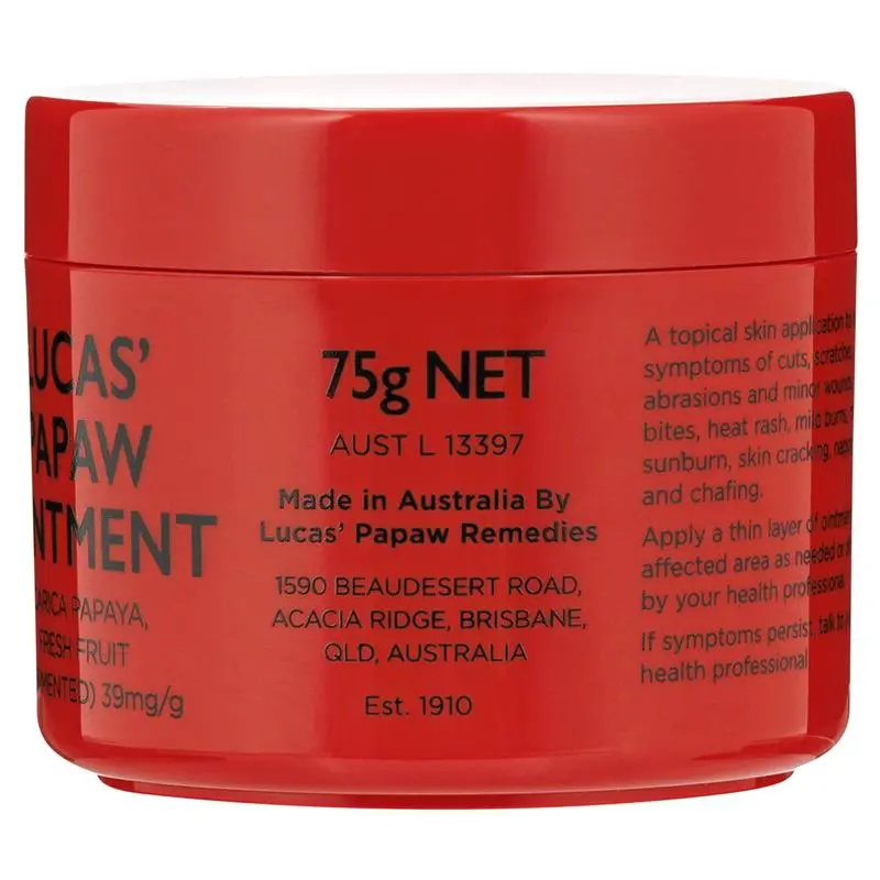 Lucas Papaw Ointment 75g multi-purpose skin ointment made with fermented papaya to help soothe dry skin, cracked lips, minor cuts, abrasions and skin irritation.