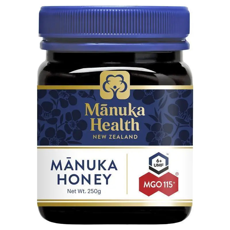 Manuka Health MGO 115+ Manuka Honey 250g premium New Zealand honey with mild MGO level, suitable for daily use and natural sweetening.