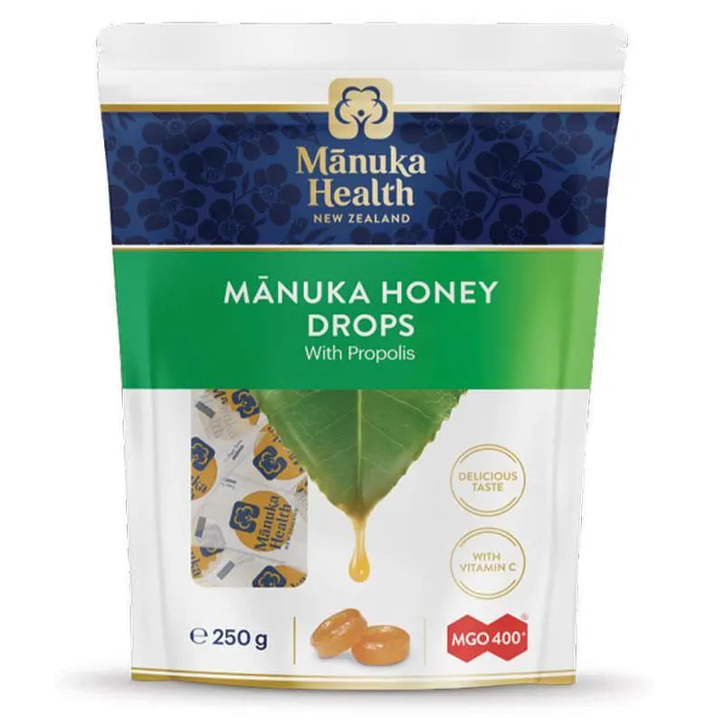 Manuka Health MGO 400+ Manuka Honey Drops Propolis 250g premium New Zealand lozenges with Manuka honey, propolis, and vitamin C for throat soothing and immunity support.